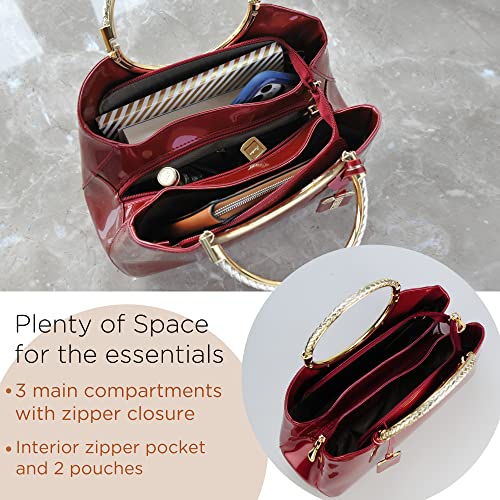 HOXIS Charm Glossy Metal Grip Structured Shoulder Handbag Top Handle Patent Leather Handbags for Women (Red) - Image 4