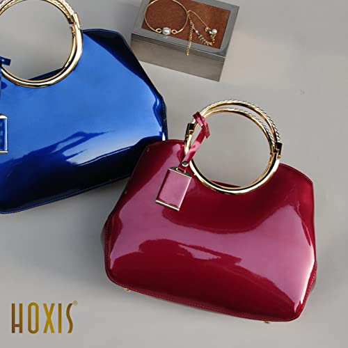 HOXIS Charm Glossy Metal Grip Structured Shoulder Handbag Top Handle Patent Leather Handbags for Women (Red) - Image 5
