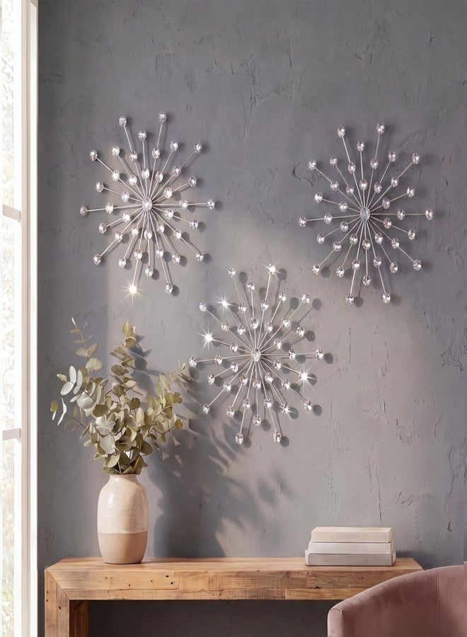 ZEXUIRU 3 Pack Silver Sunburst Wall Decor – Metal Crystal Wall Art with Sparkling Rhinestones, 14’’/18 Inch Starburst Wall Hanging Set for Living Room Bedroom Bathroom – Modern Bling Home Decorations - Image 1