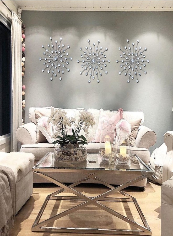 ZEXUIRU 3 Pack Silver Sunburst Wall Decor – Metal Crystal Wall Art with Sparkling Rhinestones, 14’’/18 Inch Starburst Wall Hanging Set for Living Room Bedroom Bathroom – Modern Bling Home Decorations - Image 2