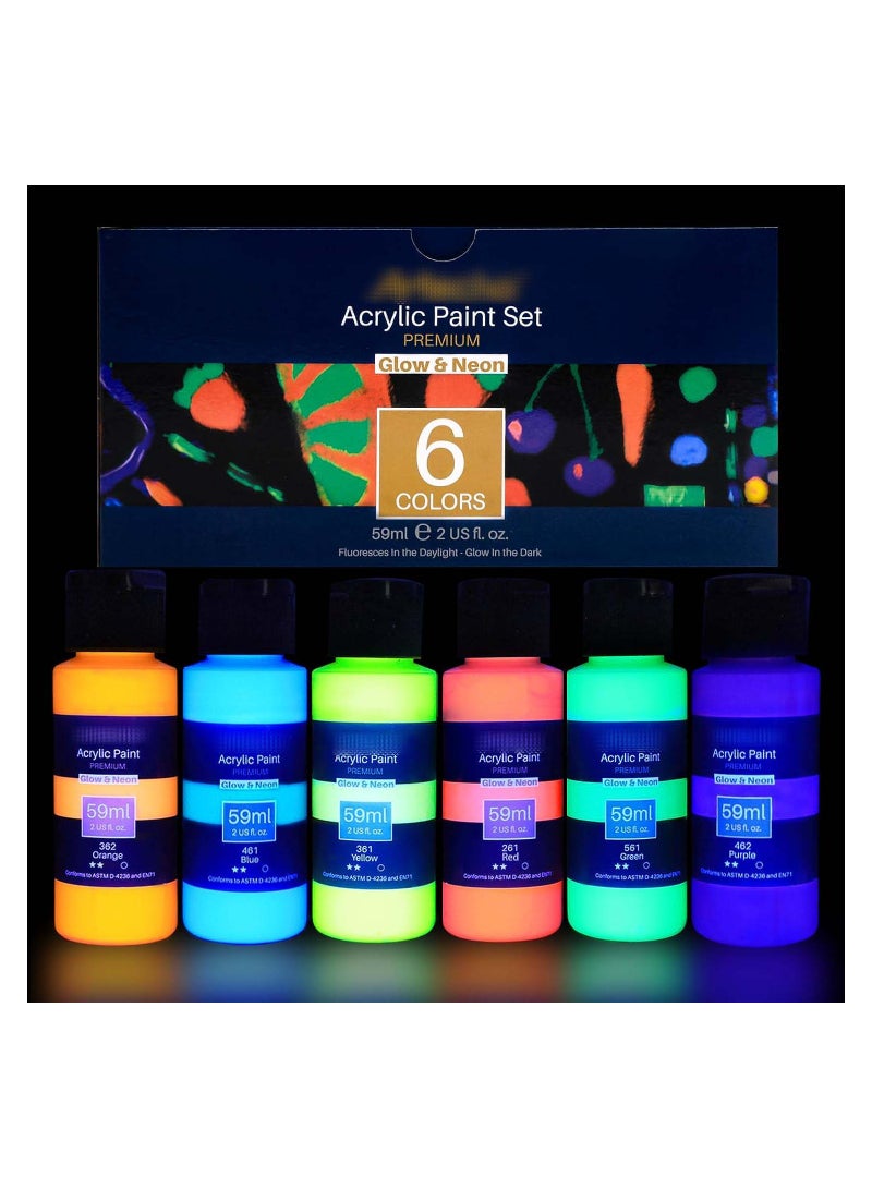 Captaintech Acrylic Paint Set for Art Painting Decorate 6 Neon and  Glow in the Dark Paint Colors 2-in-1 2 Ounce/59ml Acrylic Luminous Paint Supplies for Wood, Fabric, Crafts, Canvas, Leather&Stone - Image 1