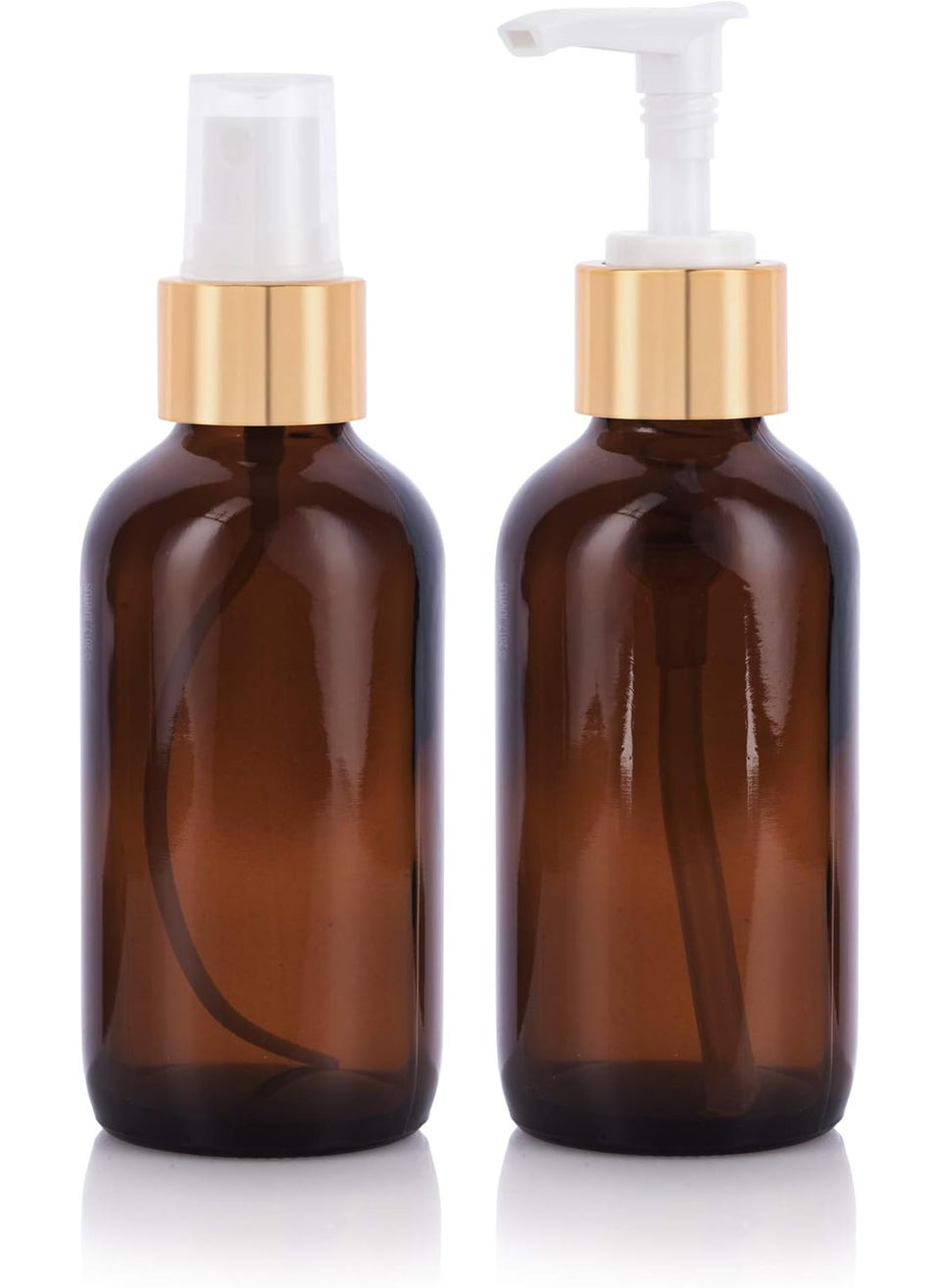 JUVITUS JUVITUS 4 oz Amber Glass Boston Round Bottle with Gold Metal Lotion Pump and Fine Mist Sprayer Set (4 Pack - 2 of each) + Funnel and Labels 