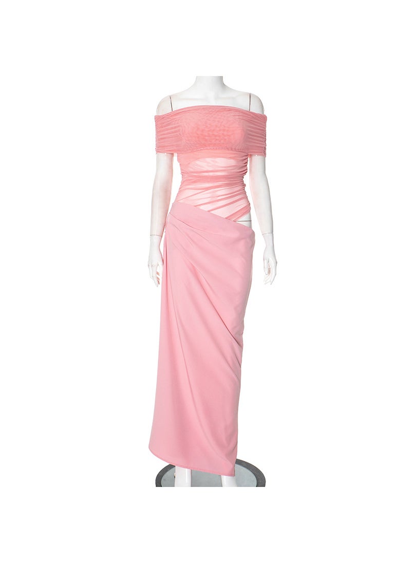 Generic - Y24DS658 European And American Cross-Border Womens Clothing Fall Mesh One-Row Off-The-Shoulder Transparent Irregular Crossbody Pink - Image 1
