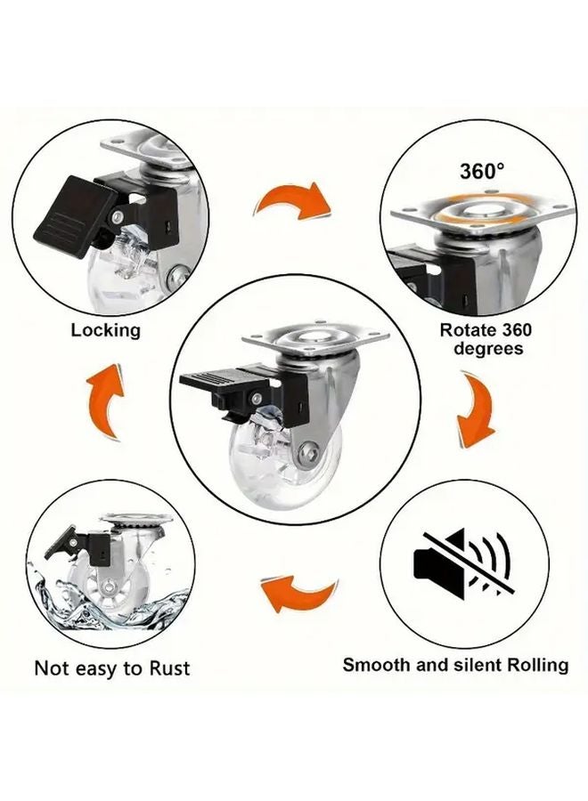 مجموعة عجلات مقلاة ثقيلة 2 بوصة من 4 عجلات بولي يوريثان شفاف مع فرامل دوارة 360 درجة - Image 4