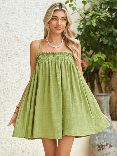 MakeMeChic Women's Summer Mini Dress Spaghetti Strap Sleeveless Short Ruffle Cami Dresses Lime Green Large - Image 5