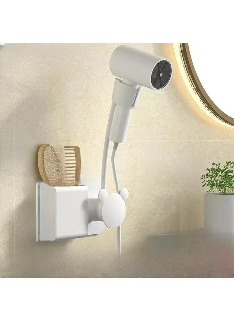 Hair Dryer Holder, 360° Rotating Wall Mounted, Hands-Free Blow Dryer Holder with Phone Holder and Hooks Wall Mount Bathroom Hot Tool Organizer Storage (White) - Image 1