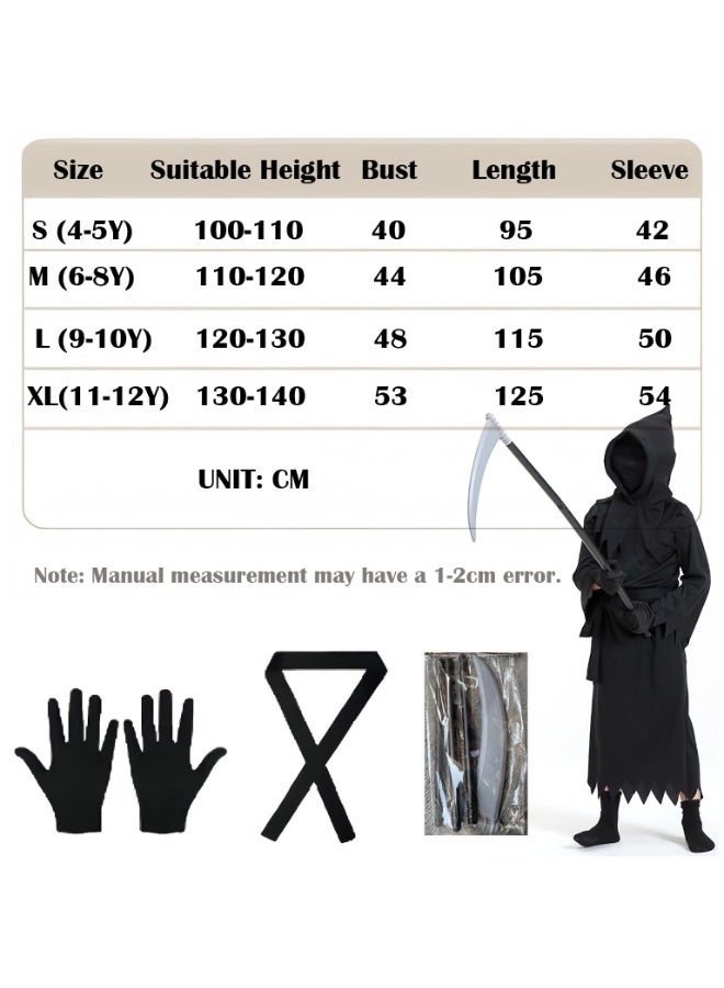 Halloween Kids Grim Reaper Costume, Black Hooded Robe with Scythe for Boys and Girls, Scary Kids Phantom Costume for Fancy Dress Party Stage Performance and Cosplay Props - Image 2