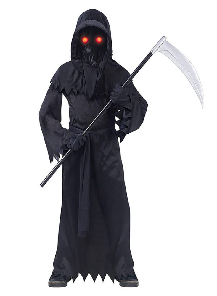 Halloween Kids Grim Reaper Costume, Black Hooded Robe with Scythe for Boys and Girls, Scary Kids Phantom Costume for Fancy Dress Party Stage Performance and Cosplay Props - Image 1