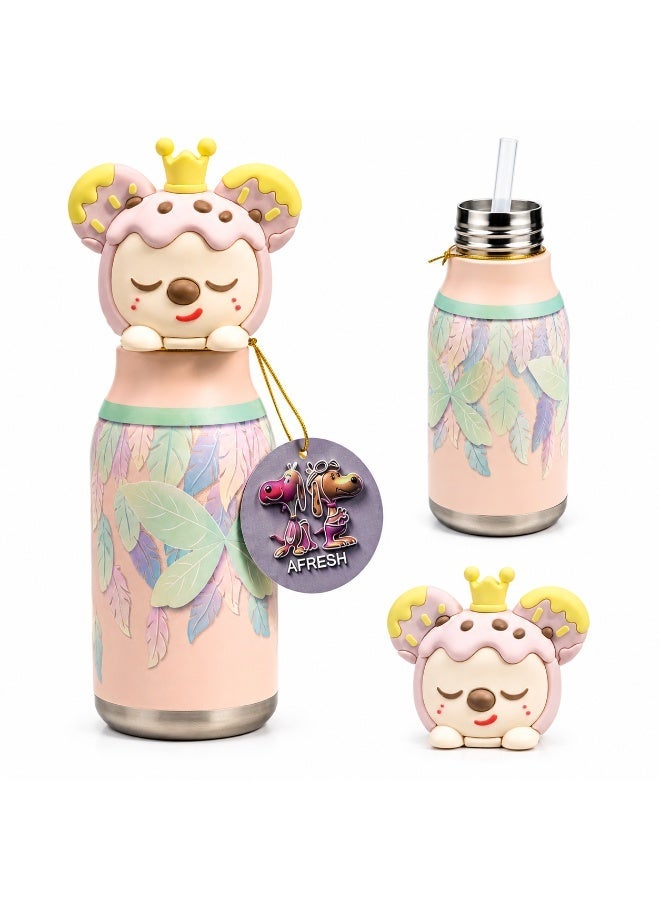 Twisoo Kids Water Bottle 450ml, Stainless Steel Insulated Bottle, 12–24 Hour Hot & Cold, Cartoon Animal Design, Straw Lid for School 316 Stainless Steel Cartoon Animal Lid Double Wall Vacuum - Image 1
