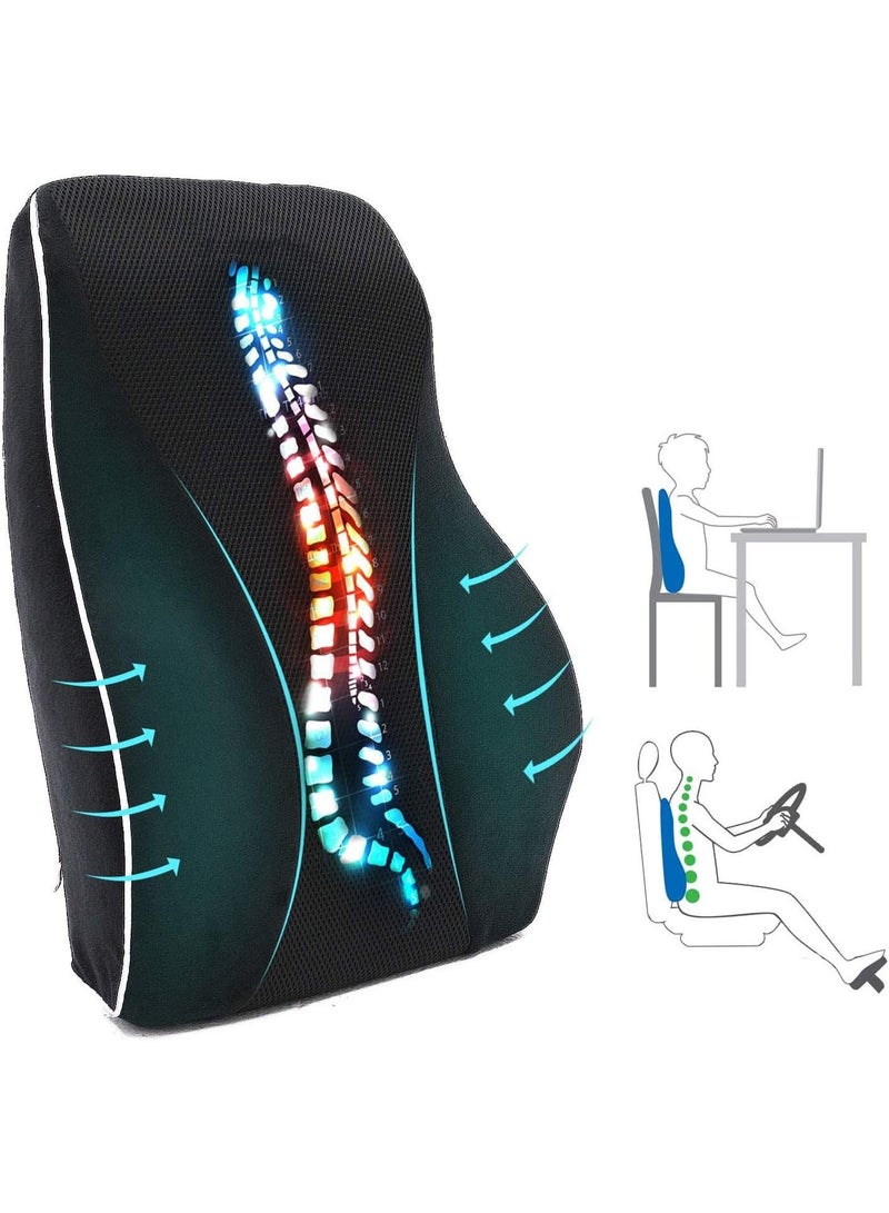 وسادة دعم أسفل الظهر لكرسي المكتب مع وسادة صغيرة من الذاكرة لتخفيف الألم القطني غطاء شبكي 3D تنفس تصميم مريح مسند ظهر تقويمي لكرسي السيارة لتخفيف ألم أسفل الظهر (أسود) - Image 1
