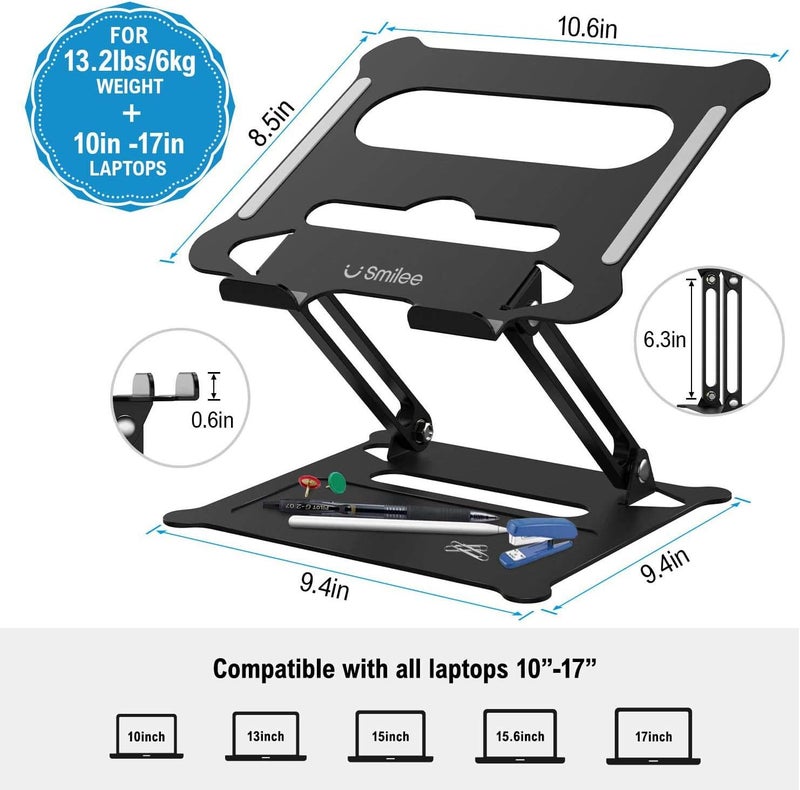 SMILEE Adjustable Laptop Stand For Desk, Multi-Angle Laptop Holder For Laptop Up To 15 Inches, Compatible For Macbook Pro/Air, Surface Laptop (Black) - Image 2