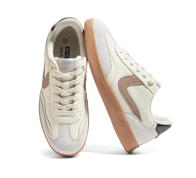 LUCKY STEP Women's Classic Fashion Casual Sneakers Skate Shoes No Slip Lace Up Walking Shoes(8.5 M US Beige/Grey Suede) - Image 1