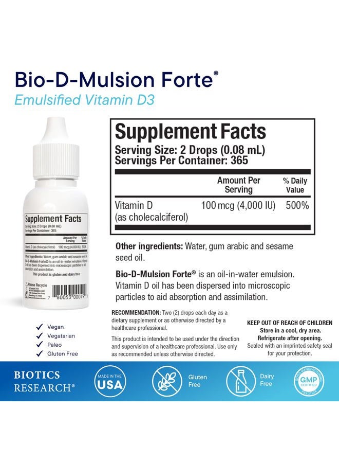 BIOTICS Bio-D-Mulsion Forte Liquid Vitamin D Drops 4000 IU – Vitamin D3 2000iu /Drop for Adults –Best Absorption, Strengthens Bones, Supports Cardiovascular & Immune System -1 fl oz - Image 2