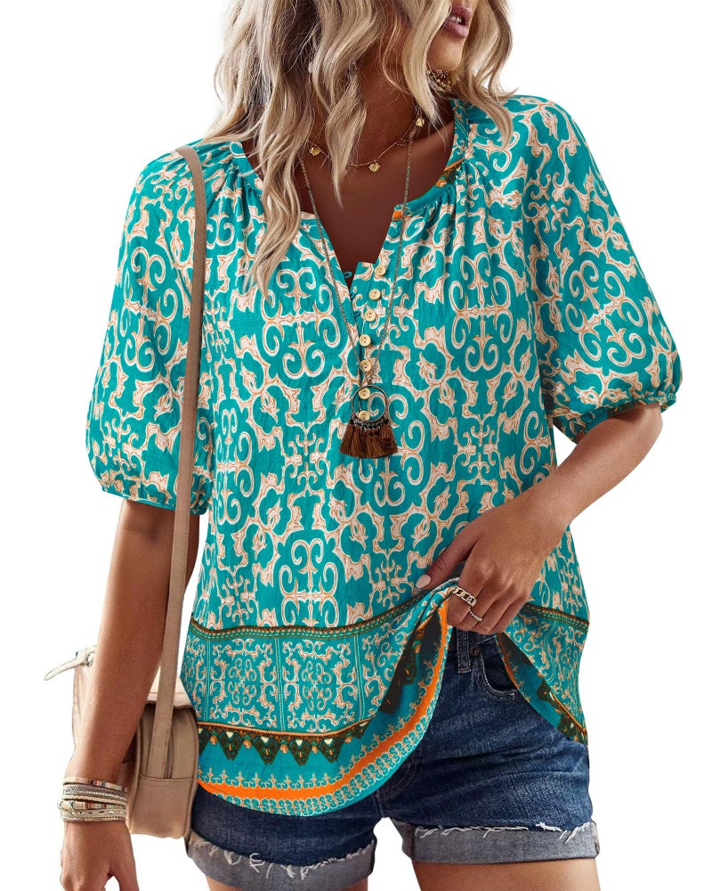 Unixseque Womens Summer Tops V Neck Short Sleeve Blouses Casual Button Down Shirts Floral Boho Clothing Trendy 2025 Blue Green L - Image 2