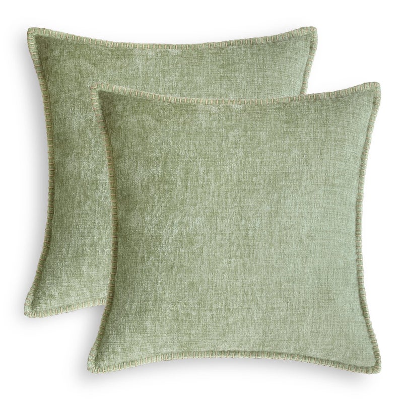 CaliTime Throw Pillow Covers Decorative 20 X 20 Inches Pack of 2 Cotton Thread Stitching Edges Solid Dyed Soft Chenille Cushion Cases for Couch Sofa Bed Living Room Farmhouse Sage Green