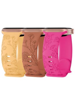 Arctime 3 Pack Floral Engraved Silicone Bands Compatible with Apple Watch Band 38mm 40mm 41mm 42mm 44mm 45mm 46mm 49mm Women, Soft Sport Wildflower Strap for iWatch Ultra Series 10 9 8 SE 7 6 5 4 3 2 1  - Image 1