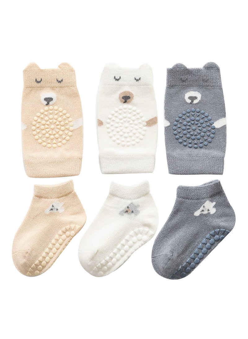 NonSlip Baby Socks with Knee Pads Set 3 Pairs for Crawling and Playtime White M Size for Ages 1 to 2 - Image 1