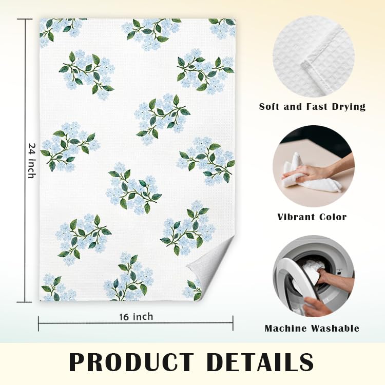 JINYO Blue Hydrangea Floral Kitchen Towels Set of 2, Farmhouse Spring Flower Dish Tea Towels for Kitchen, Blue Hydrangea Decorative Hand Towels for Bathroom, 16x24 Inch - Image 5