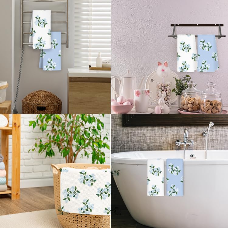 JINYO Blue Hydrangea Floral Kitchen Towels Set of 2, Farmhouse Spring Flower Dish Tea Towels for Kitchen, Blue Hydrangea Decorative Hand Towels for Bathroom, 16x24 Inch - Image 3