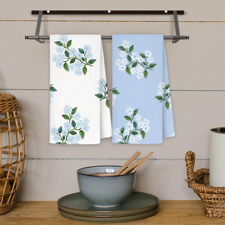 JINYO Blue Hydrangea Floral Kitchen Towels Set of 2, Farmhouse Spring Flower Dish Tea Towels for Kitchen, Blue Hydrangea Decorative Hand Towels for Bathroom, 16x24 Inch - Image 4