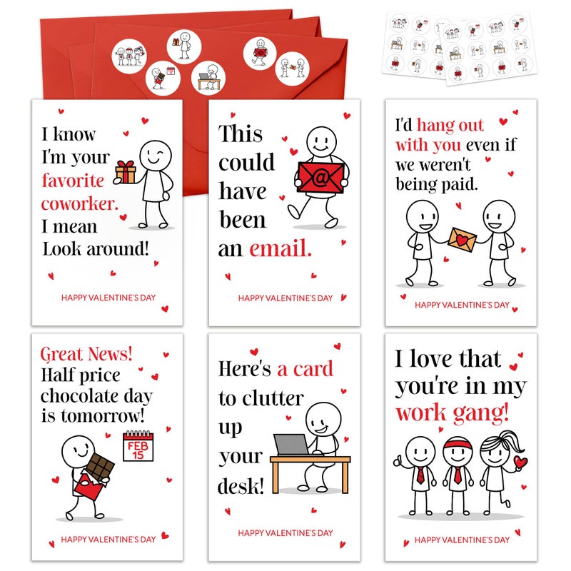 KATLADIZ 24 Packs Coworker Valentine Cards - Valentines Cards for Coworkers - The Office Valentines Day Card for Coworkers, Employees - 4.0''x 6.0'' Funny 6 Designs Card with Envelopes, Stickers - Image 1