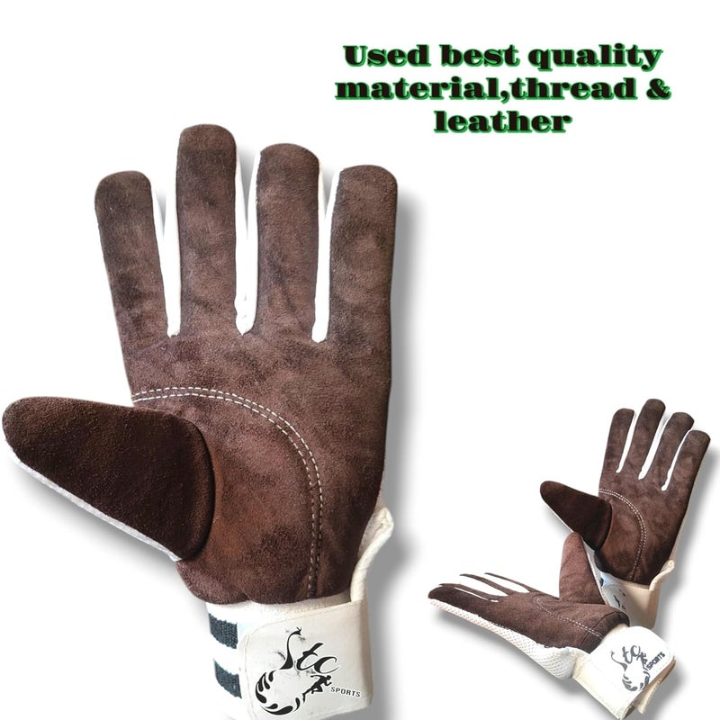 STC SPORTS Leather NeT Cricket Wicket Keeping Inner Gloves, White-Brown, Large - Image 2