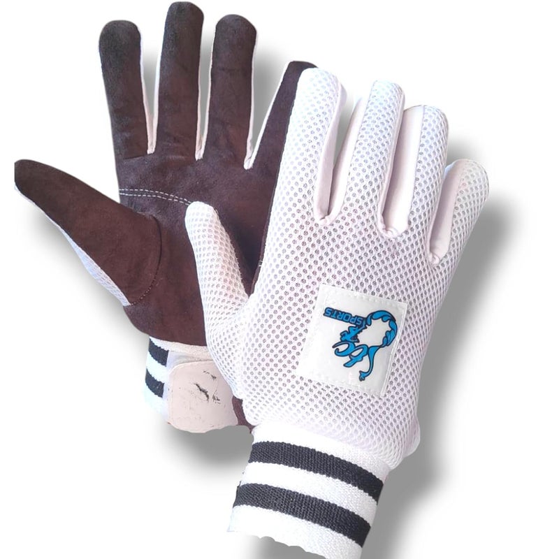 STC SPORTS Leather NeT Cricket Wicket Keeping Inner Gloves, White-Brown, Large - Image 1