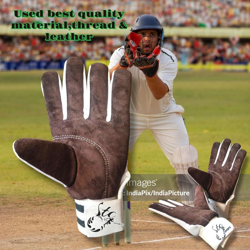 STC SPORTS Leather NeT Cricket Wicket Keeping Inner Gloves, White-Brown, Large - Image 3