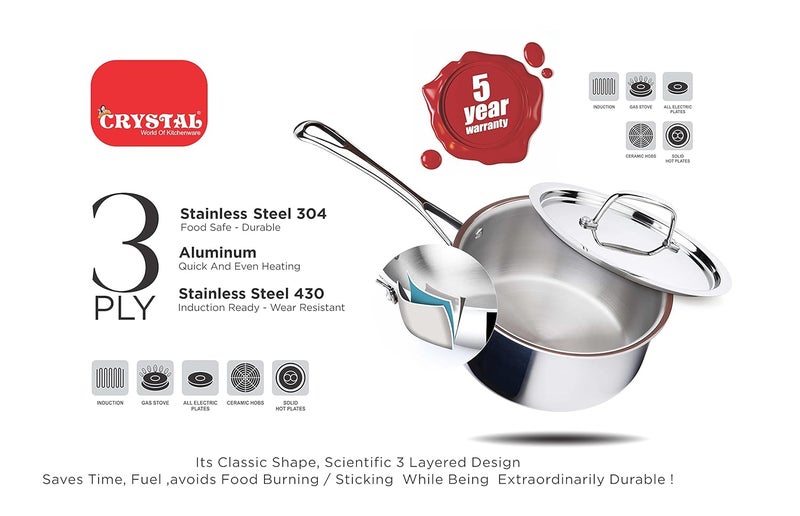 Crystal TriPro Triply Stainless Steel Saucepan with Lid 20 cm Induction Bottom Silver CTPSP004 - Image 3