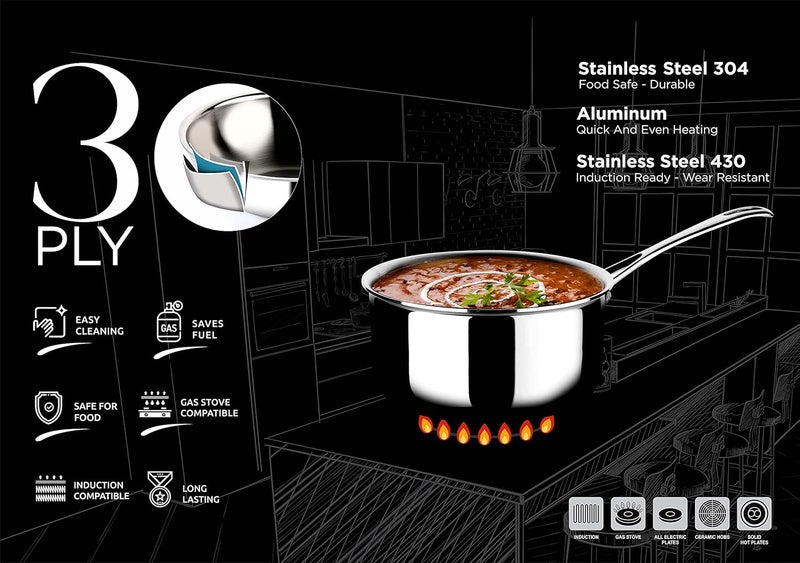 Crystal TriPro Triply Stainless Steel Saucepan with Lid 20 cm Induction Bottom Silver CTPSP004 - Image 4