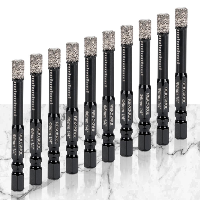 REKCKRUL 10-Pack 1/4 Inch Diamond Drill Bits Set, Diamond Hole Saw â€“ 1/4 Hex Shank Core Drill Bits for Ceramic, Tile, Glass, Granite, Marble, Brick & Stone, 6mm - Image 1