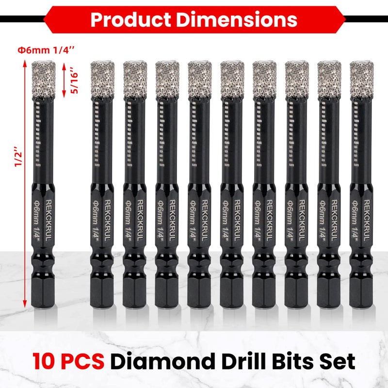 REKCKRUL 10-Pack 1/4 Inch Diamond Drill Bits Set, Diamond Hole Saw â€“ 1/4 Hex Shank Core Drill Bits for Ceramic, Tile, Glass, Granite, Marble, Brick & Stone, 6mm - Image 2