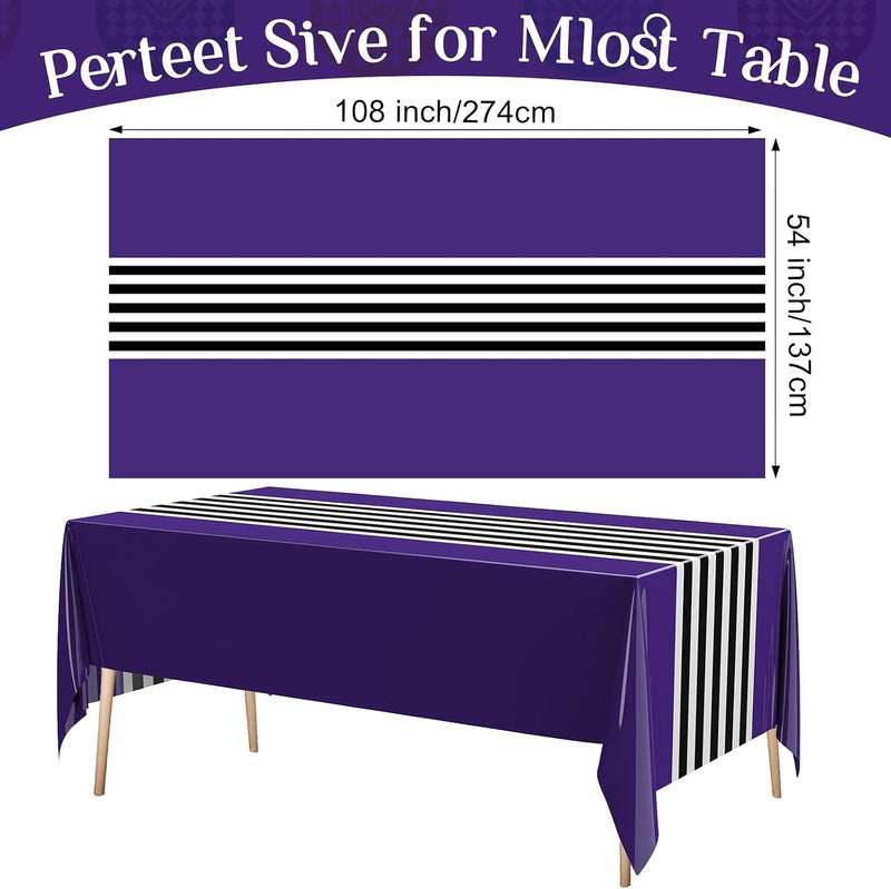 Oudain 6 Pcs Striped Tablecloth 108 x 54 Inch Disposable Plastic Table Cloth Waterproof Tablecloth Rectangle Table Cover for Birthday Wedding Bridal Party Supplies (Black White Purple) - Image 2
