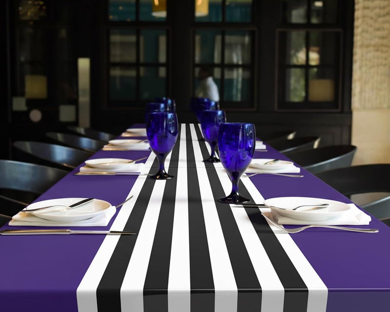 Oudain 6 Pcs Striped Tablecloth 108 x 54 Inch Disposable Plastic Table Cloth Waterproof Tablecloth Rectangle Table Cover for Birthday Wedding Bridal Party Supplies (Black White Purple) - Image 4