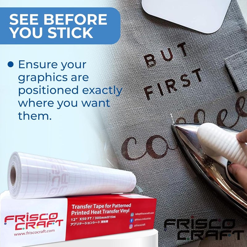 Frisco Craft شريط نقل الفينيل الحراري - شريط حديدي شفاف للطباعة، الفينيل المزخرف واللاصق للمشاريع الكبيرة والصغيرة، مكبس حراري، قابل لإعادة الاستخدام حتى 5 مرات، لاصق عالي (12" × 50 قدم)  - Image 3