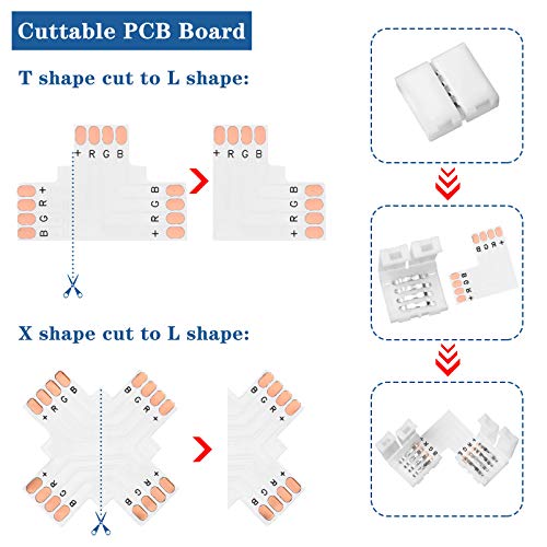 Mudder 95 Pieces 4 Pin LED Light Strip Connectors Set Including Screw Clips, 4 Pin LED Connectors, Cuttable T, L and X Shape PCB Board for SMD 5050 10 mm RGB Strip Lights Gapless Connector - Image 2