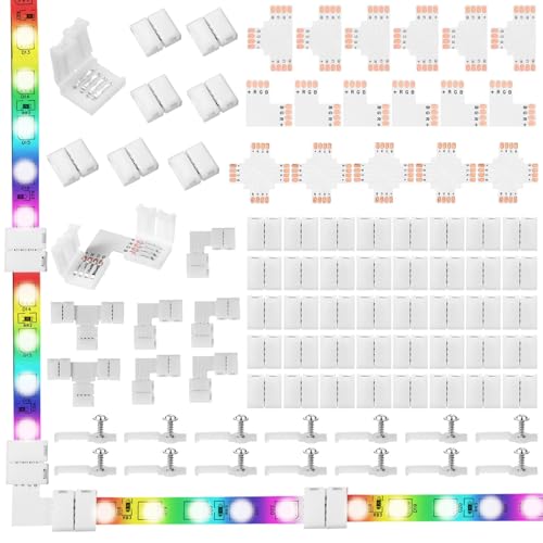 Mudder 95 Pieces 4 Pin LED Light Strip Connectors Set Including Screw Clips, 4 Pin LED Connectors, Cuttable T, L and X Shape PCB Board for SMD 5050 10 mm RGB Strip Lights Gapless Connector - Image 1