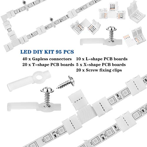 Mudder 95 Pieces 4 Pin LED Light Strip Connectors Set Including Screw Clips, 4 Pin LED Connectors, Cuttable T, L and X Shape PCB Board for SMD 5050 10 mm RGB Strip Lights Gapless Connector - Image 4