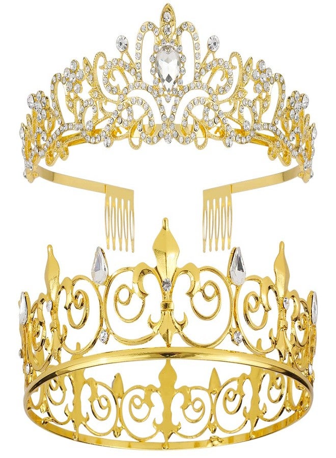 AOPRIE King & Queen Tear Drop Tiara and Crown for Women Men Crystal Hair Accessories for Wedding Prom Bridal Birthday Party Halloween Costume Christmas Gifts Gold Princess Tiara for Girls Boys - Image 1