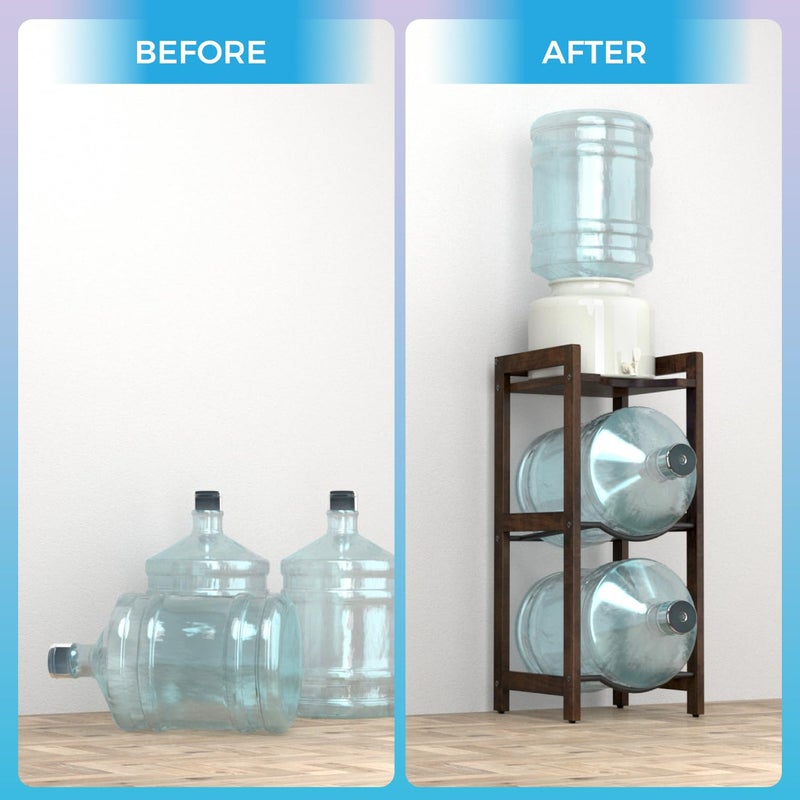 LASIDO 5 Gallon Water Jug Holder With Top Shelves, Natural Solid Wood Water Dispenser Stand 31"H, 3-Tiers Jug Stand, Water Cooler Jug Rack, 5 Gallon Water Bottle Holder With 2 Slot & Top Shelf (Walnut Color) - Image 4