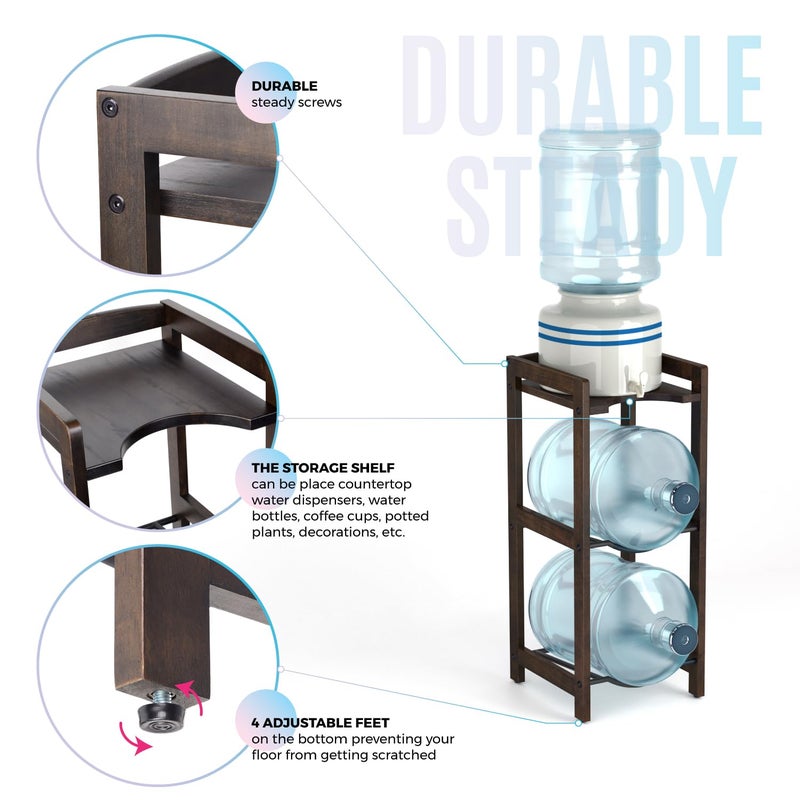LASIDO 5 Gallon Water Jug Holder With Top Shelves, Natural Solid Wood Water Dispenser Stand 31"H, 3-Tiers Jug Stand, Water Cooler Jug Rack, 5 Gallon Water Bottle Holder With 2 Slot & Top Shelf (Walnut Color) - Image 3
