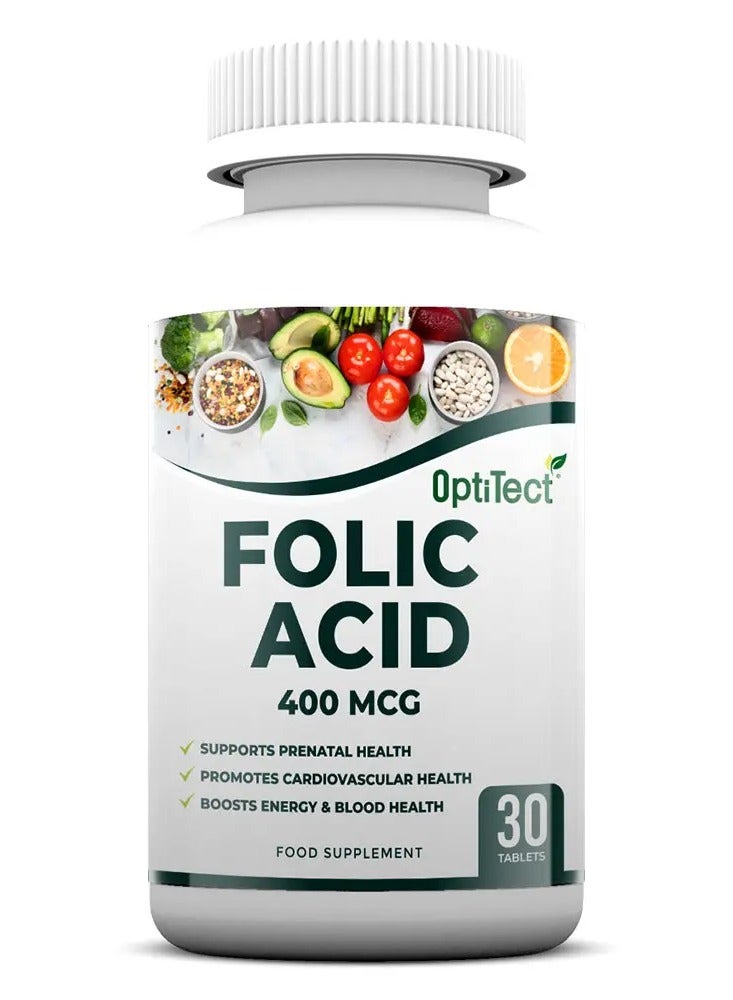 OptiTect Folic Acid 400 mcg, 30 Tablets – Supports Prenatal Health, Cardiovascular & Energy Production - Image 1