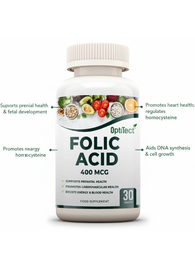 OptiTect Folic Acid 400 mcg, 30 Tablets – Supports Prenatal Health, Cardiovascular & Energy Production - Image 3