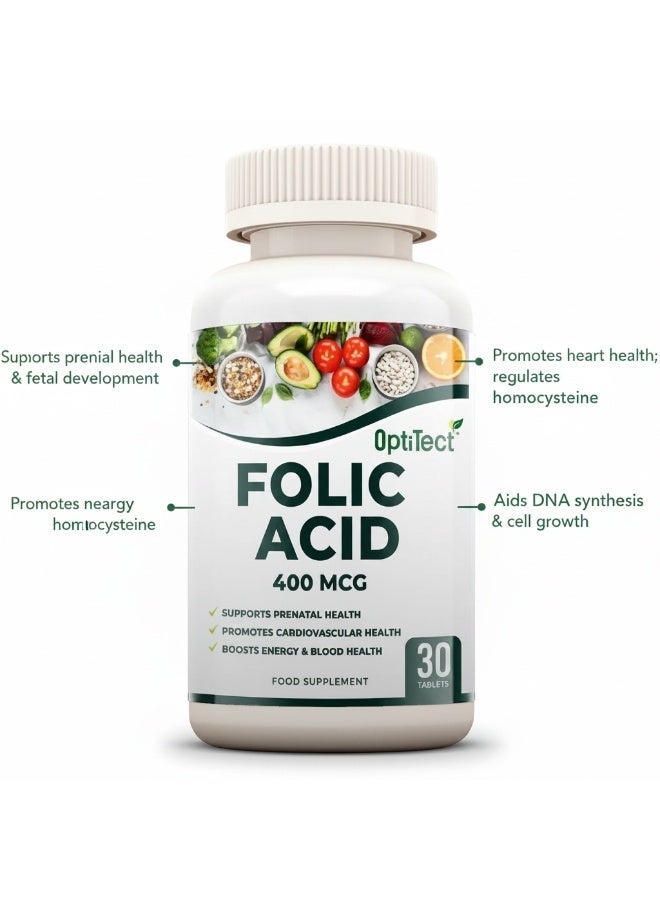 OptiTect Folic Acid 400 mcg, 30 Tablets – Supports Prenatal Health, Cardiovascular & Energy Production - Image 4