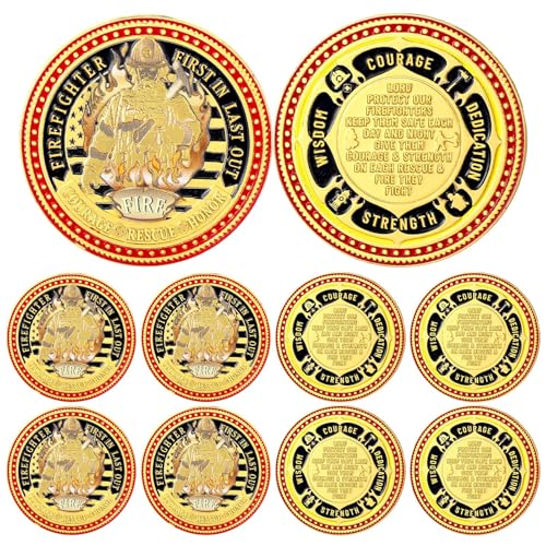 WinnerWhy 10 Pcs Firefighter Coins Fire Prayer Coin Fireman Rescue Department First in Last Out Commemorative Coins for Firefighters Men Fireman Valentines Day Challenge Coin Badge Gifts - Image 1