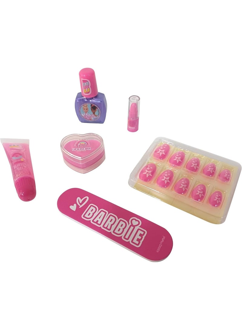 Barbie makeup and nail art set that includes a PVC handbag, lip gloss wax, nail polish, glitter gel, lipstick, an emery board, and fake nails for Children Age 6 and above - Image 2