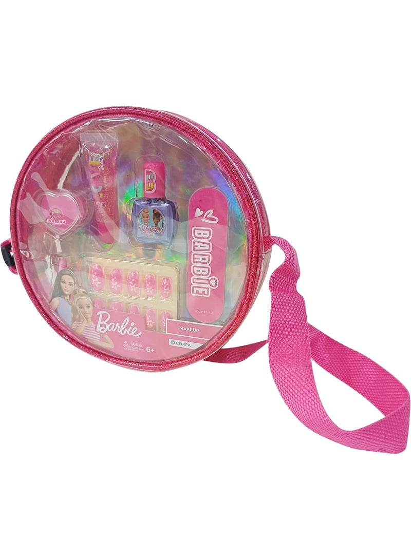 Barbie makeup and nail art set that includes a PVC handbag, lip gloss wax, nail polish, glitter gel, lipstick, an emery board, and fake nails for Children Age 6 and above - Image 1