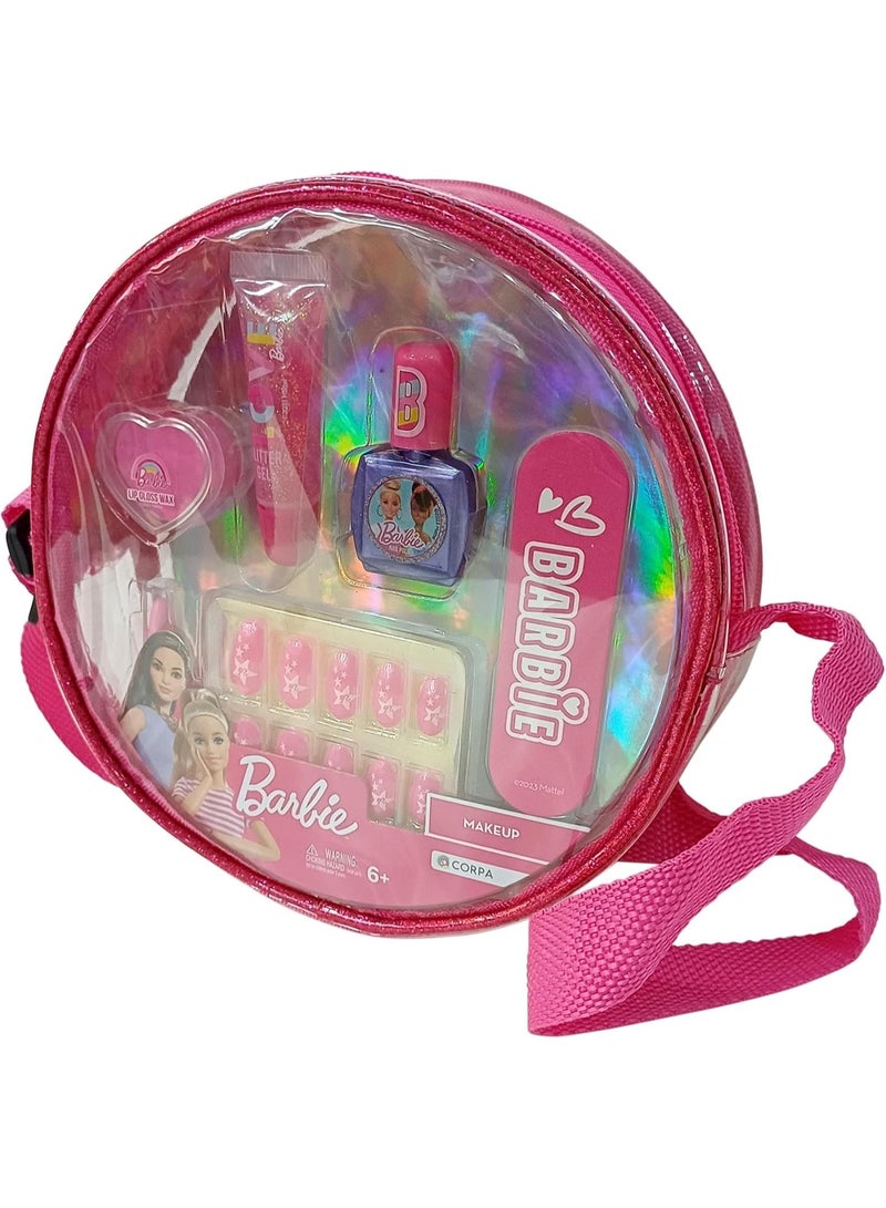 Barbie makeup and nail art set that includes a PVC handbag, lip gloss wax, nail polish, glitter gel, lipstick, an emery board, and fake nails for Children Age 6 and above - Image 3