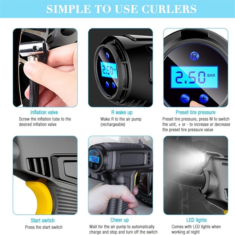 Air compressor tire inflator, 12V portable electric vehicle charging pump with pointer gauge, LED light, and nozzle air needle, suitable for cars, motorcycles, bicycle balls, and inflatable toys - Image 2