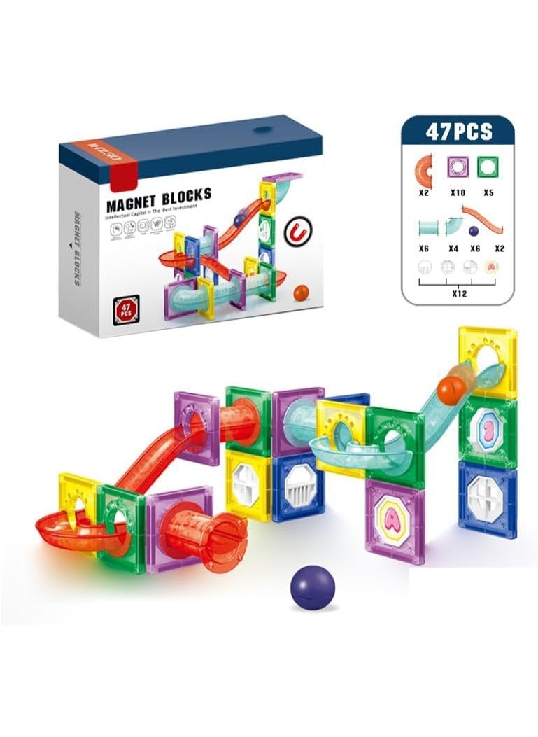 GOLD MANTIS Magnet Blocks Marble Run Track Toy Set – 47 Pcs Magnetic Tiles with Balls, Slide, Curved Tubes & Creative Panels | STEM Educational Toy for Kids 3+ Years  - Image 3